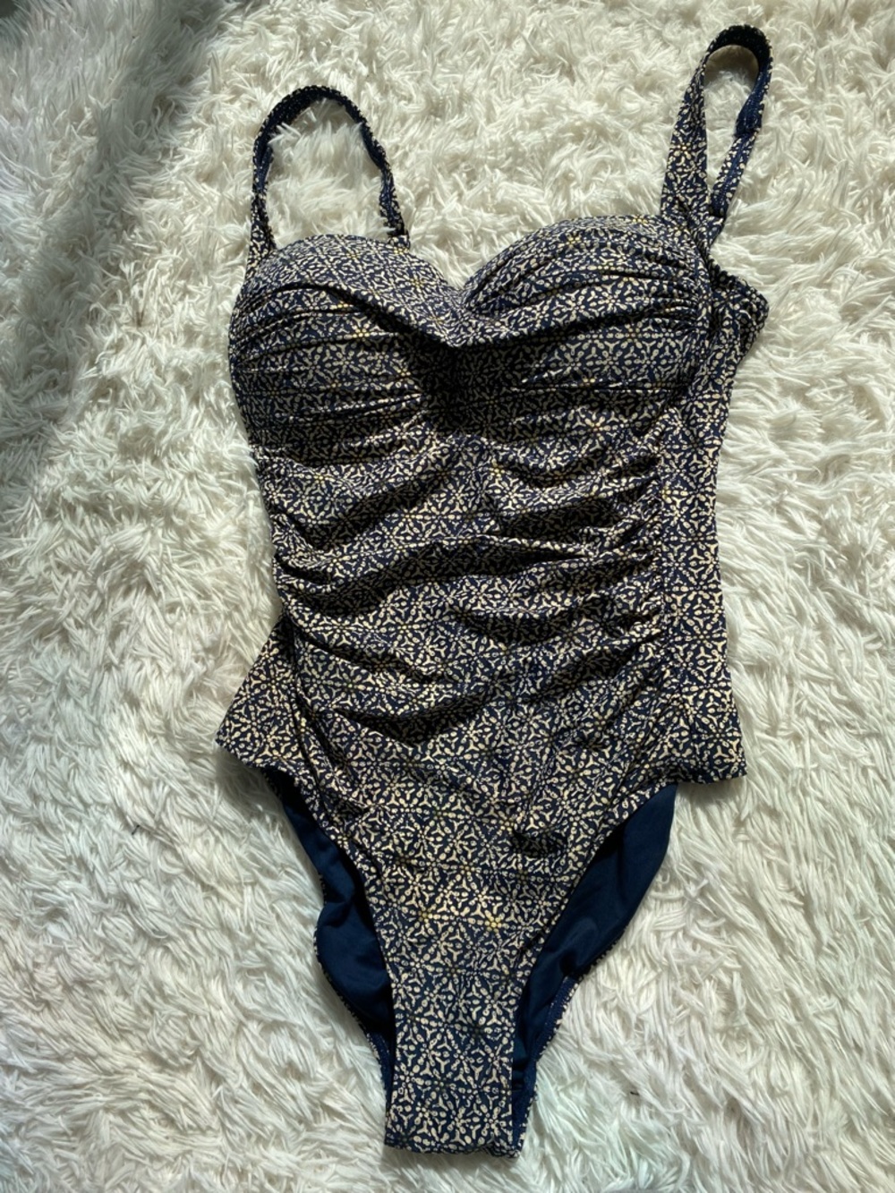 NIP TUCK Swim One Piece Swimsuit Rusched Tummy Control Navy Print Size 8